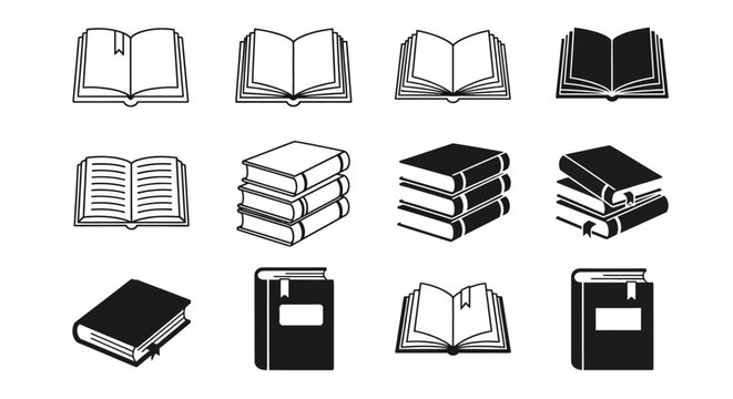 Minimalist book icon set with 12 vector elements, black and white library symbols, open and closed books for education and reading design