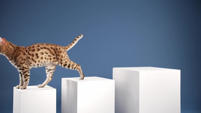 A Bengal cat descends from a higher platform onto a lower one. Its posture shows caution and control.