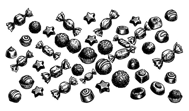 Hand drawn brazilian brigadeiro sweets and chocolate candy doodles