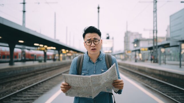 Confused tourist with map at train station, looking lost and uncertain about directions. A young man stands on a train platform, holding a map and looking distressed as he tries to find his way