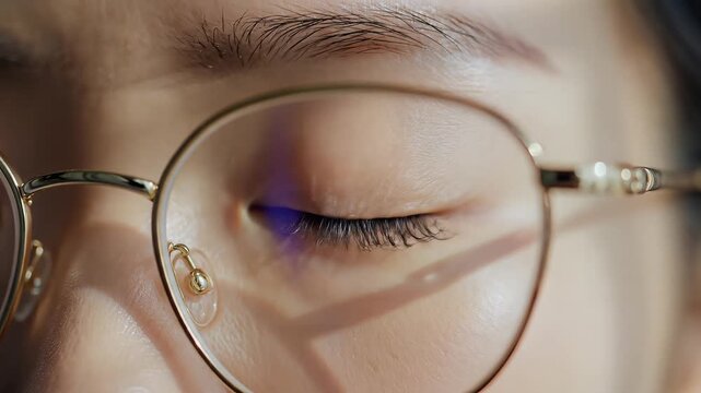 Close up of human eye seen through round glasses with metallic frame and natural light reflection