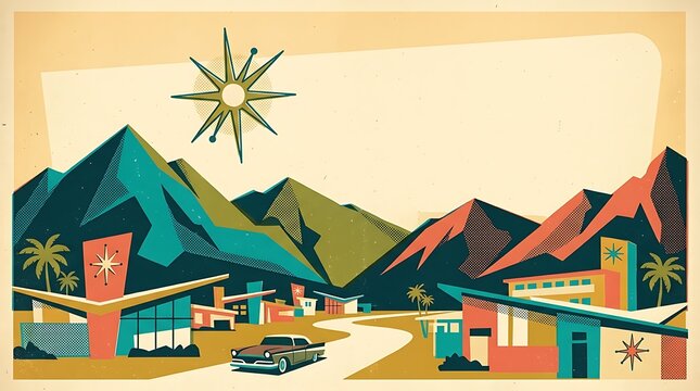 Retro mid-century modern desert town with vintage car and mountains