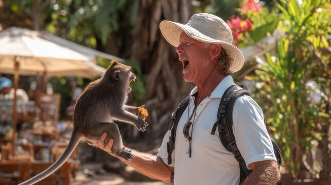 Man in hat laughs with a monkey holding food on his hand. A tourist wearing a hat and backpack interacts with a monkey that is holding food and has its mouth open