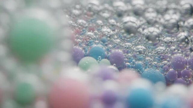 Bubbles rise over colored balls in water at home in the morning light