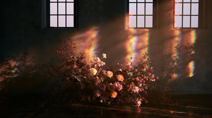 Naklejka premium High-end botanical interior scene with artistic bouquet and warm sunlight branding backdrop