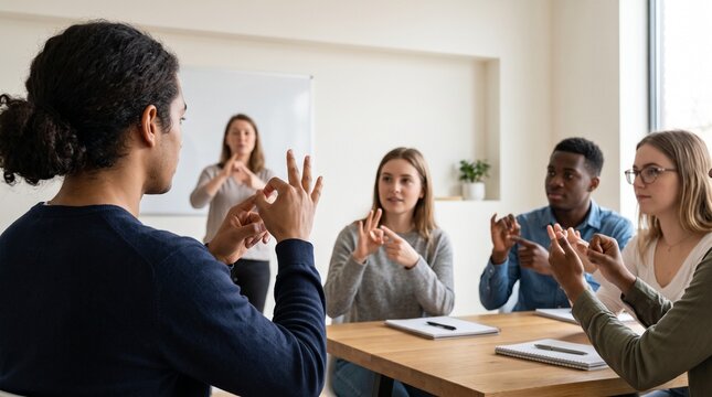Group of diverse people learning sign language in modern classroom  