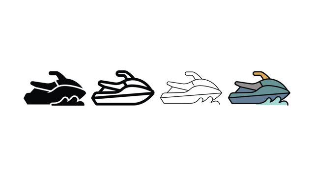 Set of four different jet ski icons featuring solid silhouette outline and flat color style designs