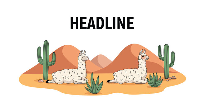Two cute fluffy white llamas lying on the hot sand in a dry desert landscape with red dunes and green wild cacti.
