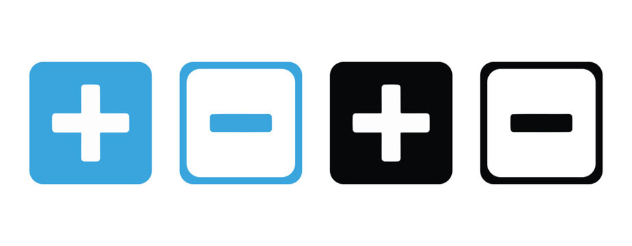 Plus minus icons flat two color design with rounded corner square backgrounds addition subtract increase