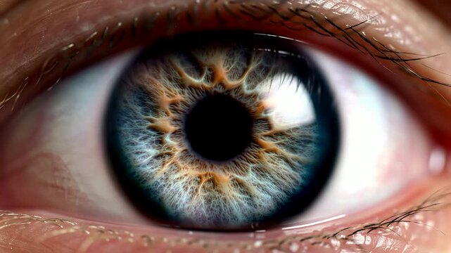 High-Resolution CGI Eye Featuring Radial Symmetry of the Iris with Vivid Colors and Detailed Textures in a Photorealistic Style