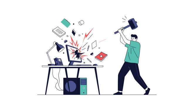 Angry office worker destroying his desktop computer with a giant hammer due to work stress and system failure.