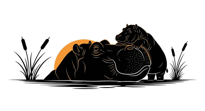 Hippos resting in water with sunset glow.