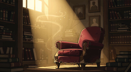 Cozy Vintage Armchair Bathed in Sunlight in Old Library with Bookshelves and Portraits - Atmospheric Reading Nook © Mucher