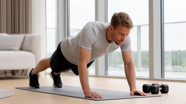 Determined young man exercising with push-ups at home in bright modern interior