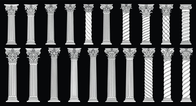 Detailed set of classical architectural columns and pillars in Roman style on a dark black background.