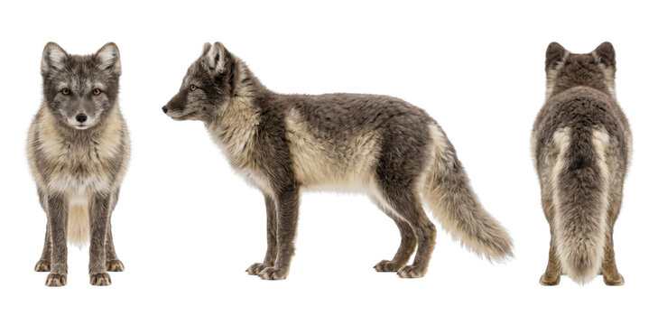 Standing arctic fox in summer coat from three angles isolated on transparent background.