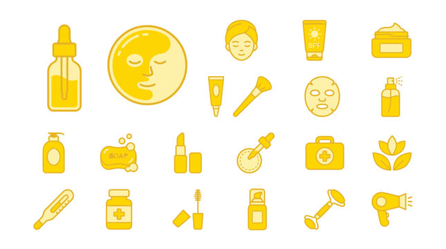 Yellow Skincare and Beauty Icons Set: Cosmetics, Face Masks, Serums, Makeup, and Tools