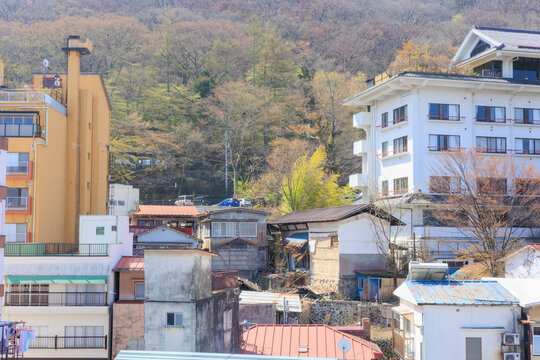 Quiet Mountain Townscape of Ikaho Onsen with Buildings Along a Steep Slope in Gunma, Japan