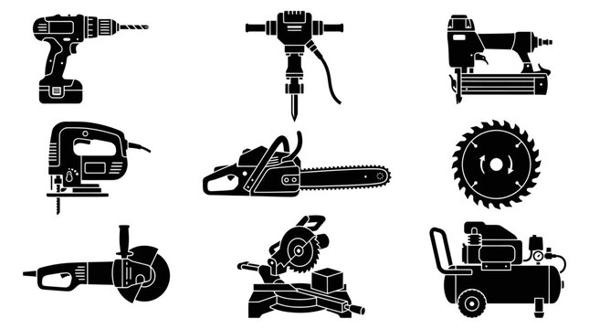 Construction Tools Icons: Drill, Chainsaw, Stapler, Saw