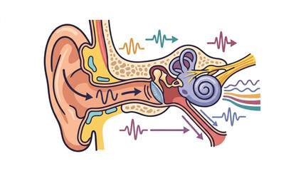 Detailed illustration of the human ear anatomy and sound wave transmission. © prasetyo