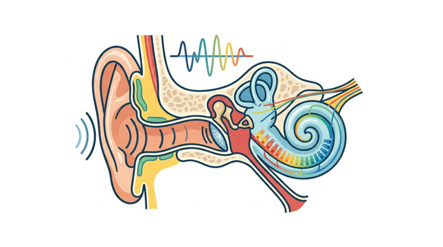 Detailed illustration of the human ear anatomy and sound waves.