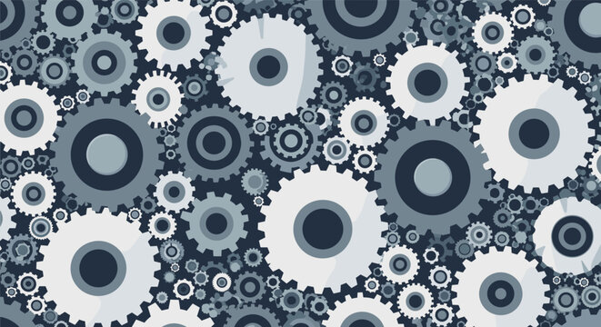 Dense endless industry pattern of grey and blue metallic mechanical gears and cogs representing teamwork.