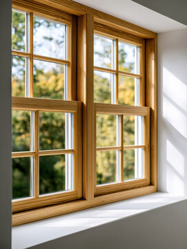 Wooden sash window with multiple panes, sunlight streaming through, white windowsill, green trees outside, peaceful home atmosphere