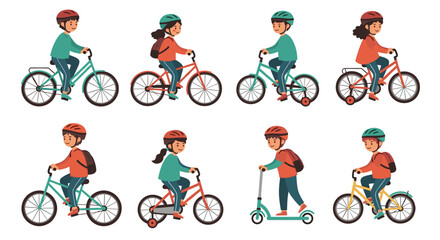 Obraz premium Cute collection of young boys and girls riding various bicycles and a scooter wearing safety helmets.