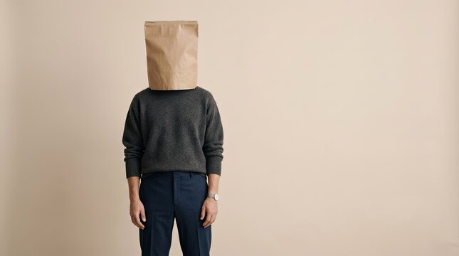 Anonymous person wearing paper bag over head standing in studio against neutral background.