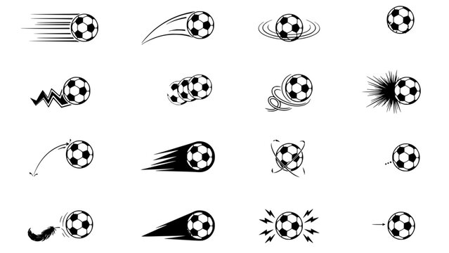 Soccer Ball Set with Motion Lines and Impact Effects, Black and White Sports Icon Graphics for Game Design Concept