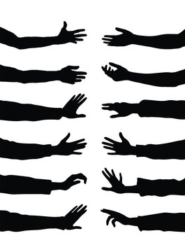 Group of hands trying to reaching each others symbol of help and support black silhouettes isolated on white backgroup vector illustration collection.