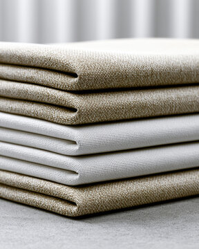 Folded linen fabric stack beige and white soft texture luxury textile home decor clean minimal elegant smooth surface