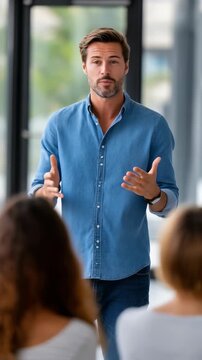 Focused male speaker delivers engaging presentation to group listeners in bright, contemporary workspace. Scene captures leadership, communication, teamwork in corporate environment