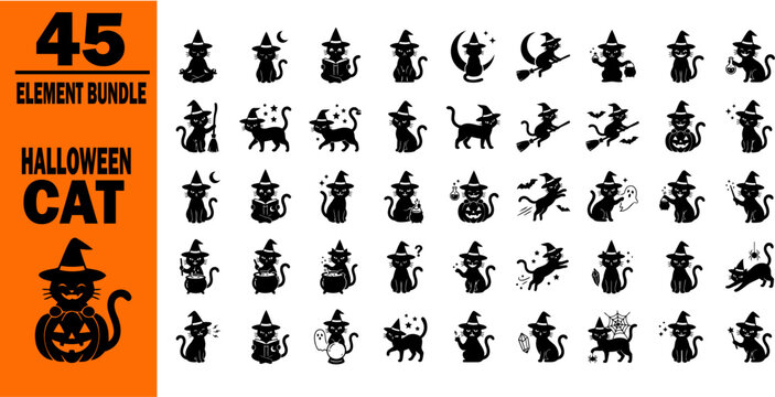 Halloween vector bundle 45 black cat silhouettes with pumpkins moons and witch hats