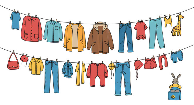 Colorful baby and kids clothes hanging on clotheslines with wooden pegs, laundry day vector illustration.