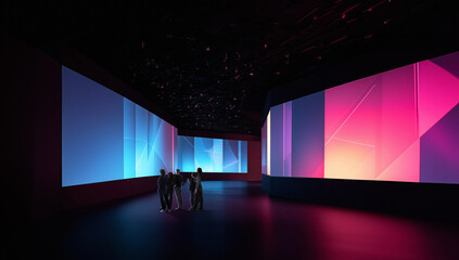 Group of visitors in dark immersive gallery with blue and magenta projection walls, neon glow, and wide composition. Fits museum promotion, art events, and technology branding. © Lustre Art Group 