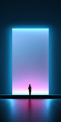 Person faces immersive digital portal with blue and pink gradient glow, centered composition, reflective floor, and large copy space. Fits metaverse, XR, and digital interface campaigns.