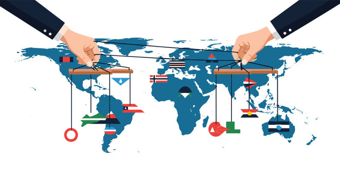 Hands of hidden puppeteers controlling world flags over global map representing international geopolitical influence.