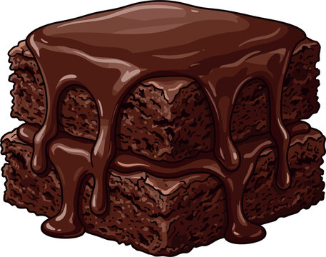 Delicious stacked chocolate brownie cake pieces with rich glossy fudge syrup dripping down sides isolated on a clean white background vector illustration