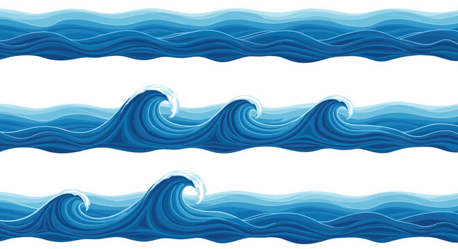 Seamless vector patterns of blue ocean waves in different styles for marine decorative borders and summer prints.