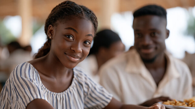 Ghanaian teenage girl at a school cafeteria table slides her lunch tray toward a classmate eating alone, spontaneous act of inclusion, both looking surprised and then smiling,