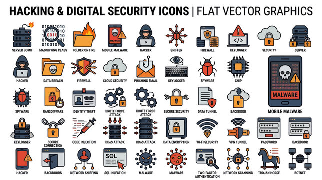 Hacking & Digital Security Icons: Flat Vector Graphics Collection
