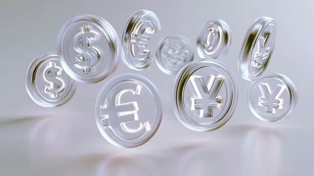 Abstract 3D floating global currency symbols of Dollar, Euro, and Yen made of glowing glass representing international economy and forex trading.