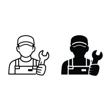 Two simple line art and silhouette icons representing a mechanic or handyman holding a wrench tool for repair and maintenance services
