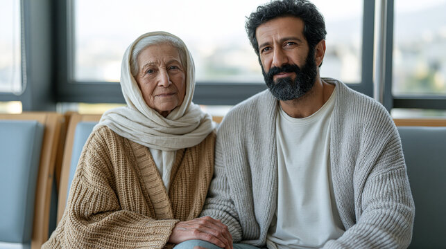 Iranian grandmother sitting beside her adult son at a hospital outpatient waiting room, her hand resting on his knee, rim backlighting from window behind them, empty nest evolved