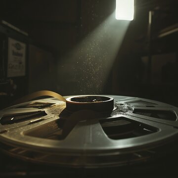 Low-angle shot of an open reel tape deck, ribbon slack with a fine dust layer.