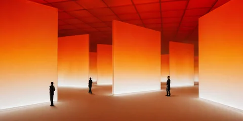 Fotobehang Baksteen People move through immersive orange-lit space with glowing panels, soft haze, and layered depth. Fits spatial computing, digital experience design, and technology event campaigns.  © Lustre Art Group 