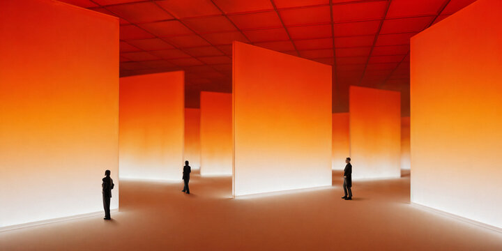 People move through immersive orange-lit space with glowing panels, soft haze, and layered depth. Fits spatial computing, digital experience design, and technology event campaigns.