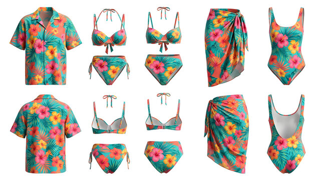 Tropical floral beach day clothing collection with Hawaiian shirt bikinis and sarong set for summer vacation