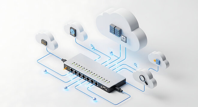 Isometric network hub with cloud storage connections